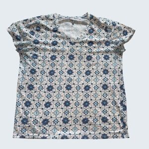 Blue Mountain Womens Large Blue White Geometric Tile Print V-Neck T-Shirt Tee